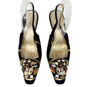 Gucci Tom Ford FW 2000 Runway Black Suede Gold Jewel Slingback Kitten Heels 7B
